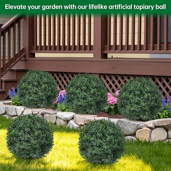 Artificial Boxwood Topiary Trees with Ground Spike,2 Pieces Fake Pine Shrubs Bushes, UV Resistant Faux Evergreen Cypress Tree Plants for Indoor Outdoor Planters Front Porch FEELTHENEWWORLD