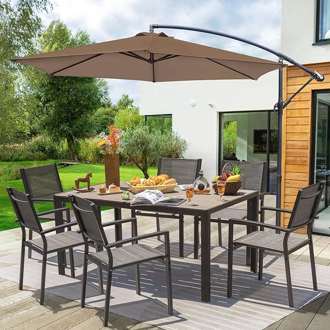 Homall Patio Dining Set 7 Pieces Outdoor Furniture with Large Table and 6 Textilene Chairs for Porch, Poolside, Yard and Garden, Light Grey Homall