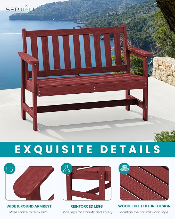 SERWALL Outdoor Bench, HDPE Outdoor Benches Weatherproof, 2-Person Garden Bench with 660 lbs Weight Capacity, Patio Benches for Outdoors, Garden, Porch, Backyard and Park, Red, 6 Pack SERWALL