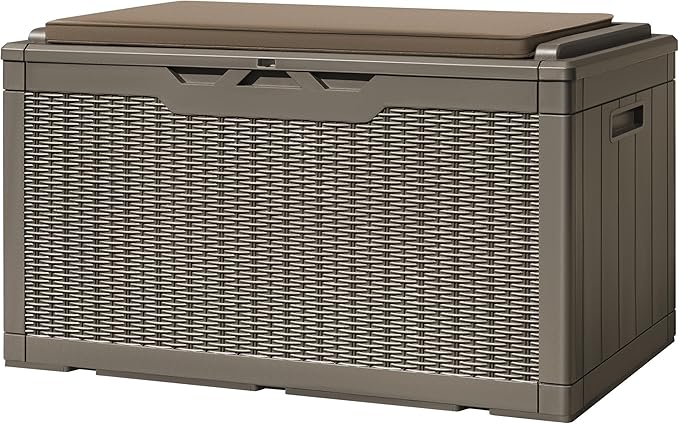 Greesum 100 Gallon Resin Deck Box Large Outdoor Storage with Cushions for Patio Furniture, Garden Tools, Pool Supplies, Weatherproof and UV Resistant, Lockable, Light Coffee BuynowfromGreesum