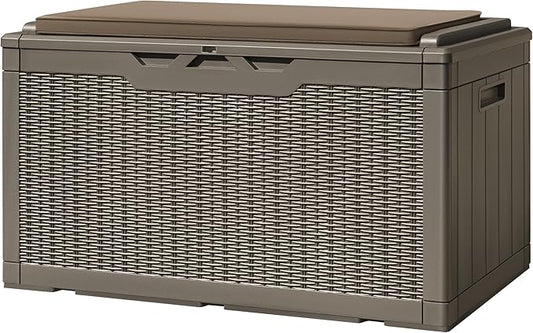 Greesum 100 Gallon Resin Deck Box Large Outdoor Storage with Cushions for Patio Furniture, Garden Tools, Pool Supplies, Weatherproof and UV Resistant, Lockable, Light Coffee BuynowfromGreesum