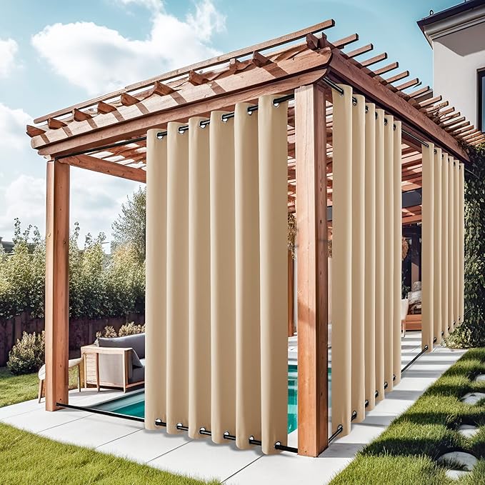 NICETOWN 2 Panels Outdoor Curtains for Patio Waterproof, Rustproof Grommet Top & Bottom Weighted Outdoor Drapes Windproof Thermal Insulated for Balcony/Cabana, Biscotti Beige, W84 x L108 NICETOWN