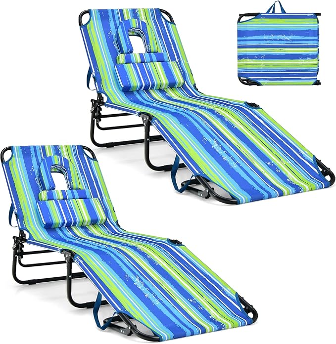 GYMAX Tanning Chair, 350lbs Beach Lounge Chair with Face Hole, Washable Pillow & Carry Strap, Adjustable Folding Chaise Lounge, Layout Lounger for Outside, Patio, Poolside, Lawn (2, Stripe) GYMAX
