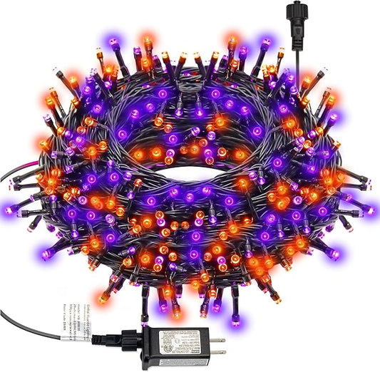 300 LED Halloween String Lights, 98.5FT with 8 Modes, Waterproof, Plug in for Indoor/Outdoor Party Decorations (Purple & Orange) LJLNION