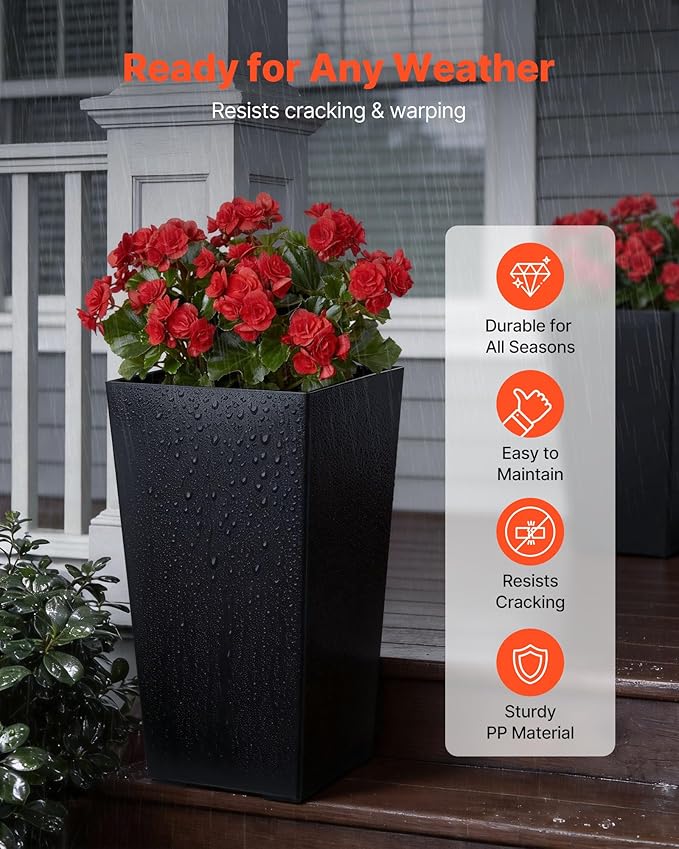 VEVOR Set of 2 Tall Planters for Outdoor Plants 22 inch, Black Tall Planter for Indoor Plants, Modern Planters for Front Porch Patio Balcony, Plant Container Flower Pots with Built-in Drainage VEVOR