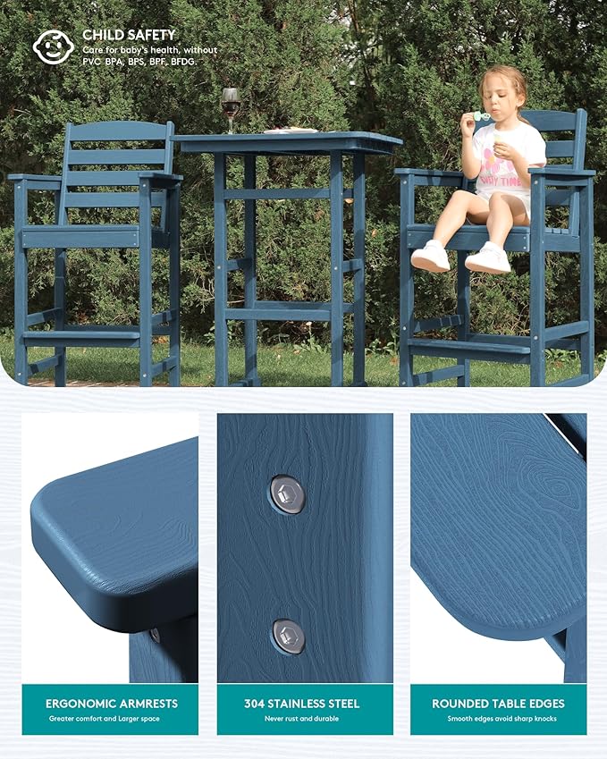 SERWALL 4 Pieces Outdoor Patio Bar Set with 9ft Umbrella, Outdoor HDPE Barstool and Table Furniture Set with Patio Umbrella, Blue SERWALL