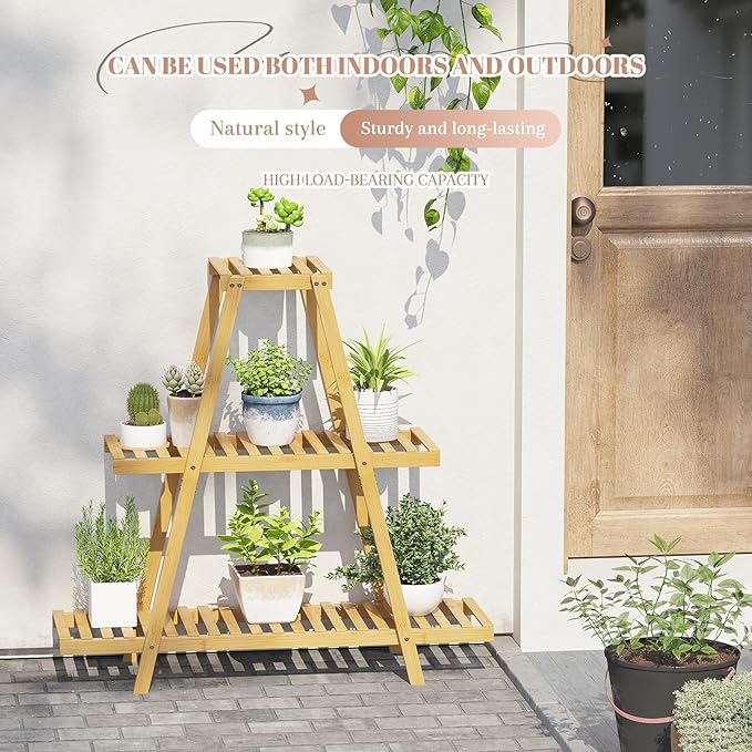 Plant Stand For Indoor Outdoor Tiered Plant Shelf 3 Tier 8 Potted Bamboo Flower Holder Ladder Rack For Multiple Triangle Table Plant Pot Stand (Natural) LifeTakesaDifferentTurn