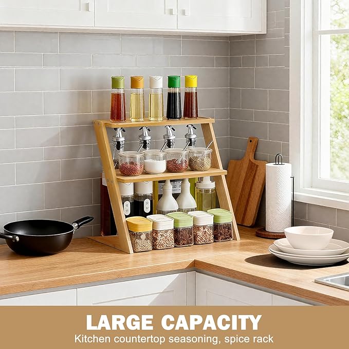 3 Tier Table Top Countertop Small Plant Stand with Shelf Adjustable, Bamboo Wooden Desk Plants Succulent Stand, Office Flower Pot Holder Rack ,Cup Cake Stand, Kitchen Spice Rack OcBuct