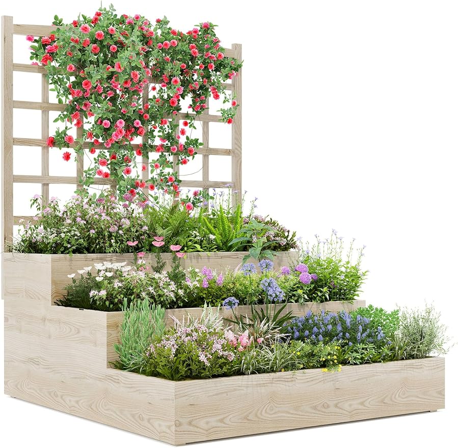 3-Tier Elevated Garden Planter, Wooden Vertical Raised Bed with Trellis & Drainage Base – Ideal for Climbing Plants, Flowers, Herbs, Vegetables – Outdoor Planter Box for Patio, Yard, or Lawn GarveeTech