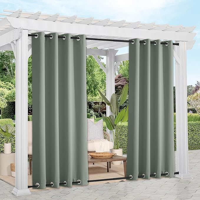 NICETOWN Windproof Sage Green Outdoor Curtains 2 Panels Top and Bottom Grommet for Patio Waterproof, Fixed Outdoor Blinds Keep Warm & Privacy Thermal Insulated Blackout Drapes for Cabana, W52 x L84 NICETOWN