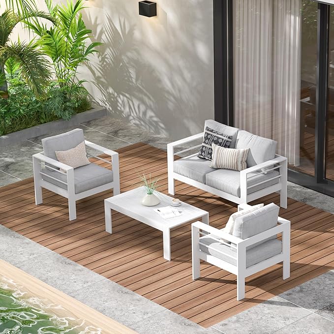 Kiss the Water Outdoor Patio Furniture Loveseat Sofa, All-Weather Metal Aluminum Patio Couch with 5" Thick and Soft Cushion and Wide Arm, Outdoor Couch for Balcony, Porch, Backyard KisstheWaterPatioTool