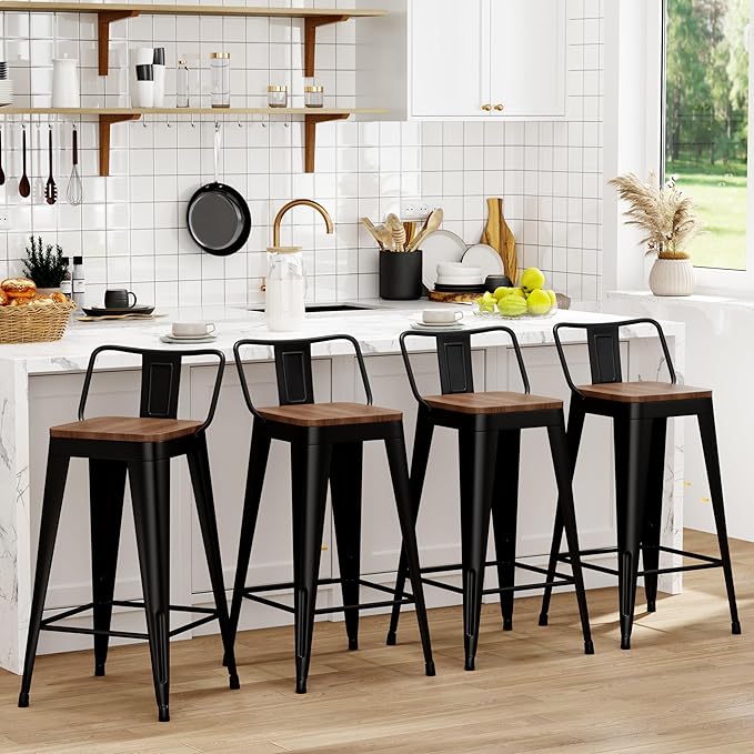 WENTMENT Bar Stools Set of 4 Counter Height Metal Barstools with Removable Back 30" Kitchen Bar Stools with Wooden Seat, Black WENTMENT