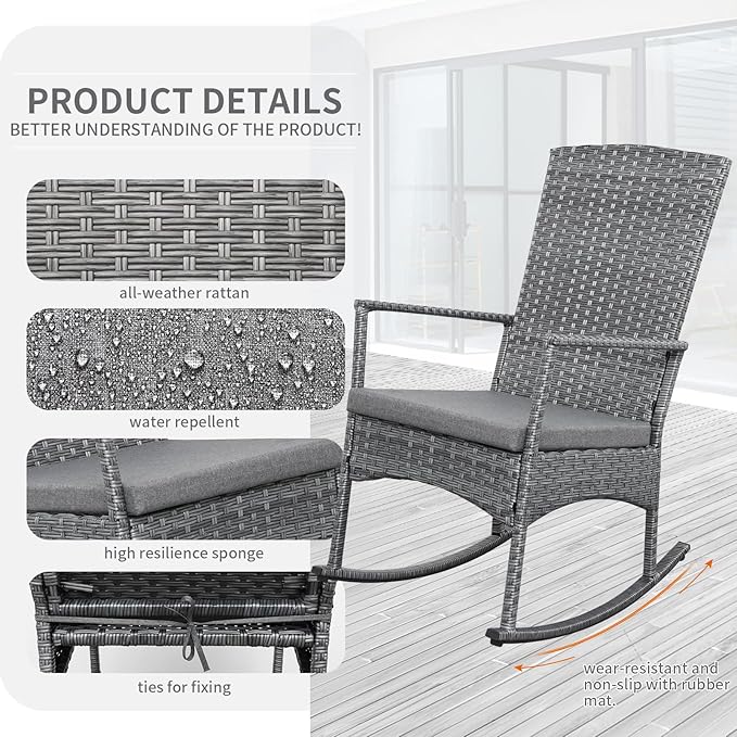 Outdoor Rocking Chair 3 Pieces High-Backed Rocking Chair Patio Rocking Chairs Outdoor Table and Chairs Anti-Slip Cushions Dark Grey Rootora