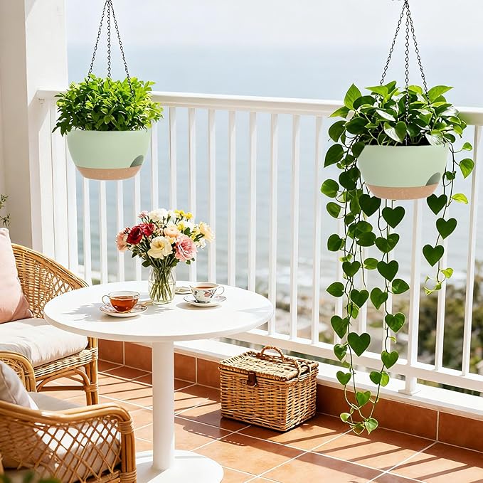 8 Inch Hanging Planters for Indoor Outdoor Plants, 4 Pack Green Brown Plastic Self Watering Hanging Baskets with Drainage Holes and Chain for Garden Porch SQKH