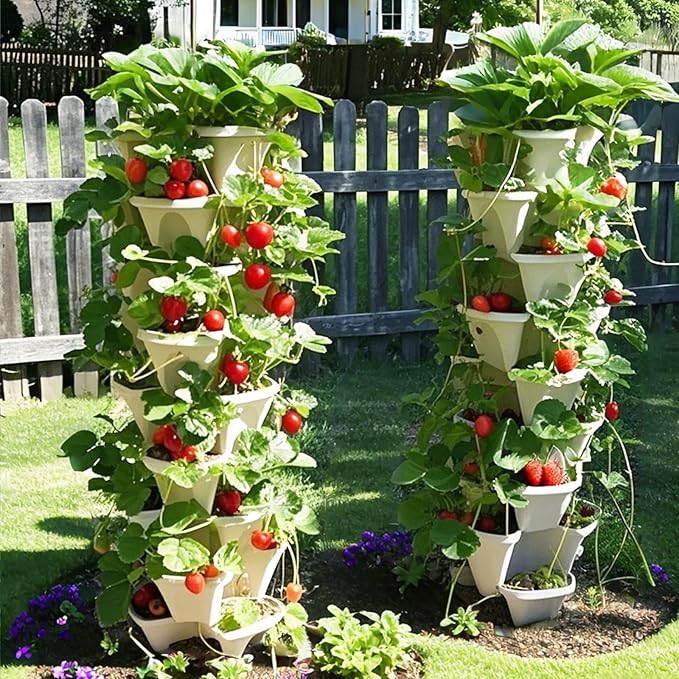 7 Tiered Strawberry Planters 3 Pack, Vertical Stackable Planter, Herb Stacking Tower Garden, Flower and Vegetable Planters with Support Pole Indoor & Outdoor with Removable Wheels - White Lykvrii
