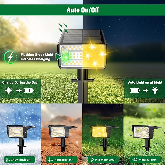 Solar Spot Lights Outdoor with 60 LED & Auto On/Off, 4 Pack Solar Lights Outdoor Waterproof IP68 with 3 Lighting Modes, 2-in-1 Solars Landscape Light for Outside, Garden, Yard(Warm White) Rootora