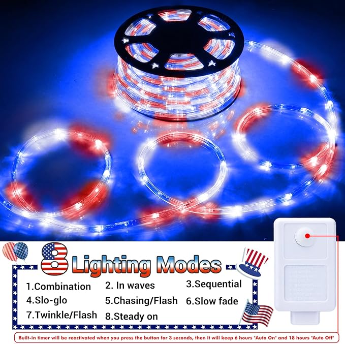 150ft LED Rope Lights Outdoor, 1080 LED Flexible Tube Lights with 8 Modes, Waterproof LED Rope Lighting for Independence Flag Day, Memorial Day, National Day, Outdoor,Indoor Decor (Red & White & Blue) Jnaurb