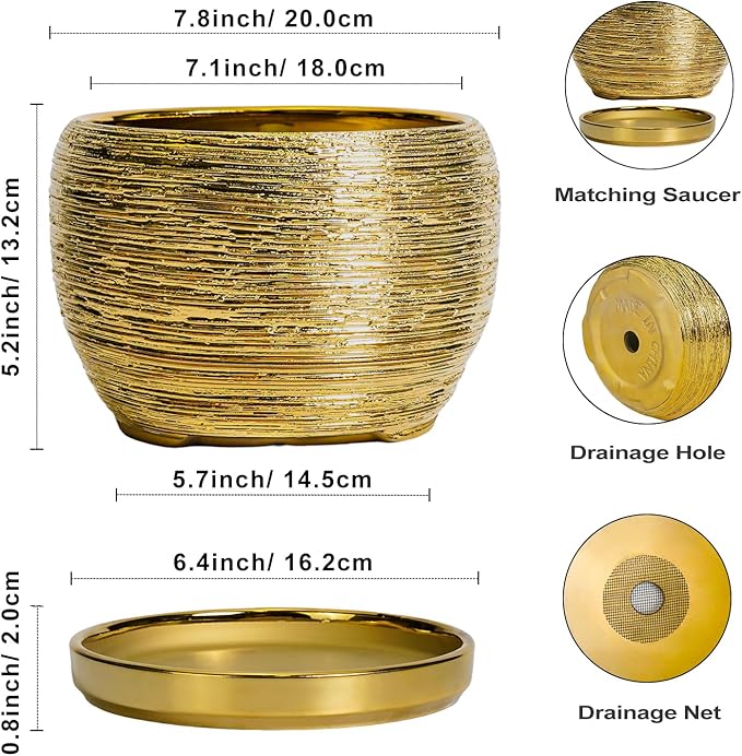 SQOWL Ceramic Flower Pot - 8 Inch Plant Pot Indoor Outdoor, Round Planter with Drainage Hole and Saucer, Decorative Modern Planter, Home Decor, Plant Lovers Gifts, Gold SQOWL