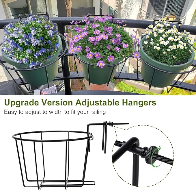 TQVAI 10 Inch Railing Planter - Fit for 1.5 to 3.5 Inches Railing - Adjustable Hanging Planters Outdoor Balcony Deck Flower Pot Holder Metal Baskets for Garden Orchid, Patio Ledge, 3 Pack, Black TQVAI