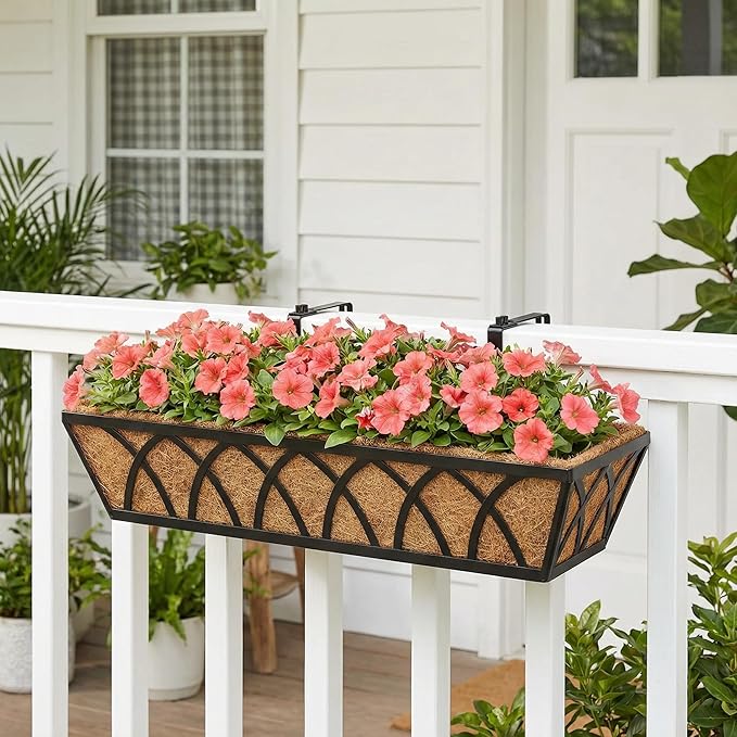 24 Inch Window Deck with Coco Liner, 24" Window Boxes Horse Trough with Coconut Coir Liner, Fence Metal Hanging Flower Planter Window Basket Deck Railing Planter Boxes for Outdoor Garden Lawn, 4pcs YM