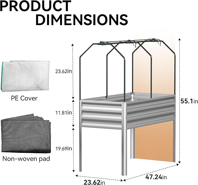 Galvanized Raised Garden Bed with Self-Watering System, Elevated Planter Boxes Outdoor with Legs and PE Cover for Vegetables and Flowers, Backyard, Patio, Balcony, 48x24x56 in Lineware