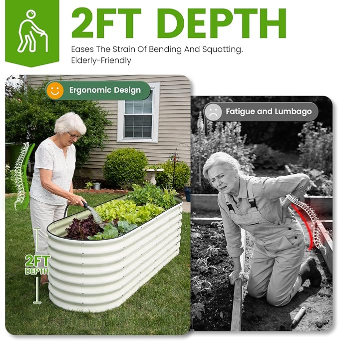 Galvanized Raised Garden Bed Outdoor 24'' Deep | Oval Metal Garden Beds with Easy Assembly & Planter Box for Planting Deep Root Vegetables Fruits Flowers, 6x2x2ft White Rootora