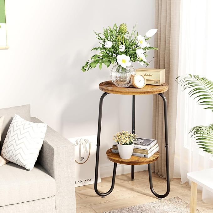 2 Tier Wood Plant Stand Indoor, Small Round Flower Pot Stand, 19.6" Tall Single Plant Holder for Living Room, Balcony, Rustic Brown End Side Table（Rustic Brown） REFGY