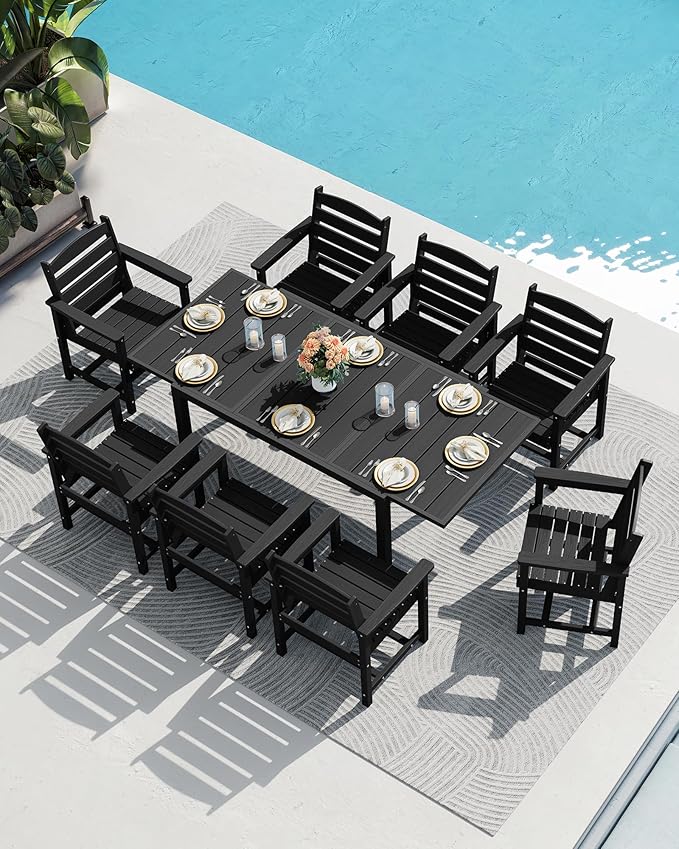 SERWALL Outdoor Expandable Dining Table 60" - 83", Patio Dining Table for 4-10 People, All Weather HDPE and Aluminum Outdoor Furniture for Backyard, Garden, Black SERWALL