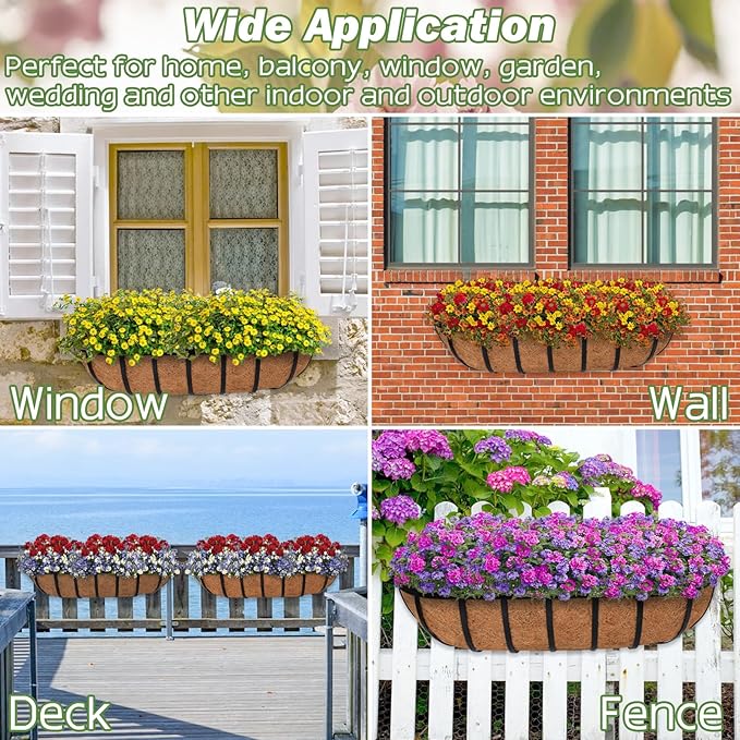ZeeDix 24 Inch Railing Planter Box, 2 Pack Metal Window Boxes with Coco Liners for Railing, Hanging Flower Boxes for Deck Porch Balcony & Fence Outdoor Indoor Lawn ZeeDix