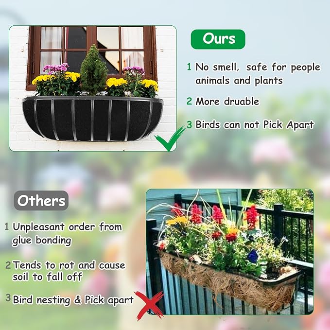 3PCS 36 Inch Planter Basket Liners Fabric Window Box Liners Felt Trough Planter Liner Replacement Black Flower Basket Liner Non-Woven Hanging Plant Liner for Planters Garden Fence - Avoid Bird Nesting Emsiok