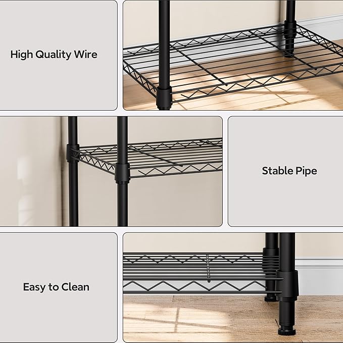 5 Tiers Shelf Metal Storage Shelves Wire Rack Closet Organizers with Wheel for Garage Kitchen Bathroom Laundry Black 11.8" D x 17.7" W x 55" H MEIGAOPLASTICANDMETALHKCOLIMITED