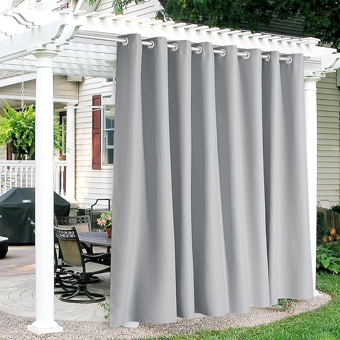 RYB HOME Extra Wide Outdoor Curtains for Patio Waterproof Heavy Duty Thermal Insulated in Summer Full Coverage Privacy for Porch, Cabana & Pool, W120 x L84, Light Grey, 1 Panel RYBHOME