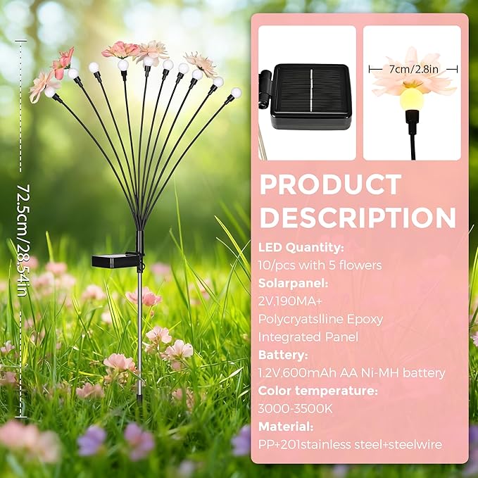 Solar Garden Lights, Warm White LED Swaying Solar Flowers Light for Outside, Waterproof Garden Decor, Outdoor Decorative Lights Yard, Patio, Pathway Decoration Gardening Gifts (4 Pack) PEVOROS