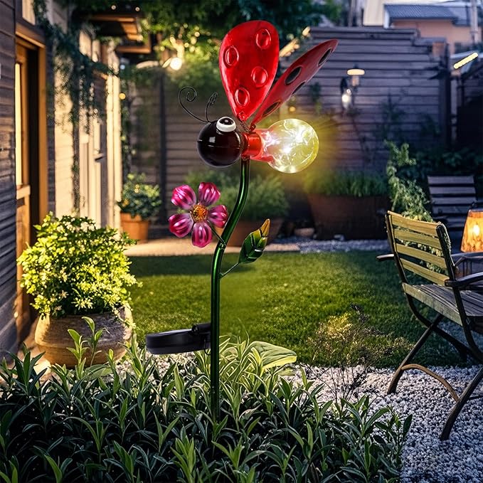 Decorative Solar Lights Outdoor Solar Ladybug Stake Lights Metal Decorative Garden Lights Outdoor Waterproof Stakes for Pathway Yard Lawn Decoration Mothers Day Mom Gifts Afirst