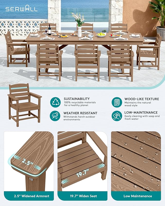 SERWALL 9 Piece Outdoor Dining Set, 84" HDPE Outdoor Table and Chairs for 8，All Weather Patio Furniture Set with Umbrella Hole for Backyard, Garden, Brown SERWALL