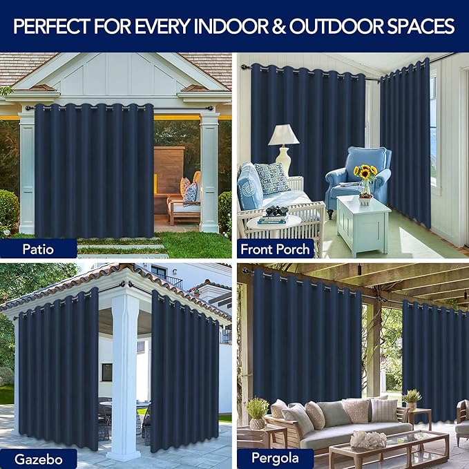 PureFit Outdoor Curtains for Patio Waterproof Weatherproof, UV Resistant Outside Curtains for Gazebo, Front Porch, Pergola, Sun Blocking Privacy Curtain, 120W x 108L inch, 1 Panel, Navy Blue PureFit