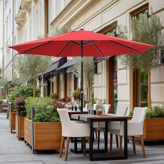 OLIXIS 9ft Patio Umbrella with Tilt and Crank Button & 8 Sturdy Ribs Waterproof, Patio Table Umbrella Perfect for Poolside, Terrace, Beach and Outdoor Restaurant, Red OLIXIS