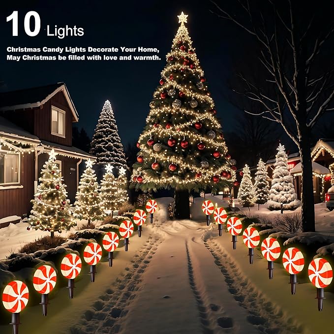 Ultimate Unicorn Christmas Lollipop Pathway Lights for Garden Christmas Decoration Red, 10 LED Peppermint String Lights with Stakes for Outdoor Sidewalk Pathway Rooftop Lawn Garden UltimateUnicorn