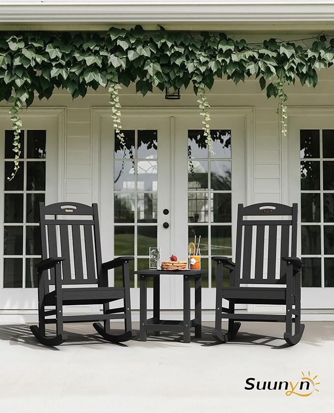 Oversized Outdoor Rocking Chairs Set of 4, High Back Porch Rocker Chair, HDPE All Weather Resistant Rocking Chairs for Patio, 380lbs Weight Capacity, Black Suunyn