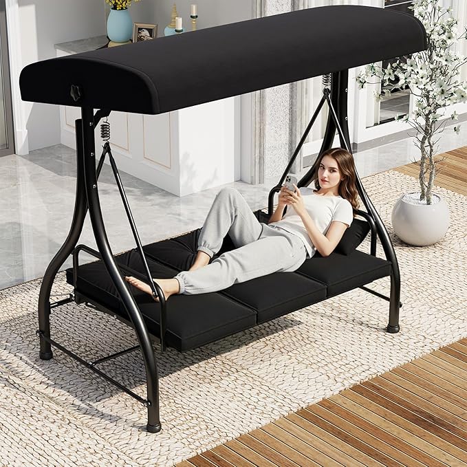 U-MAX Porch Swing Chair with Adjustable Backrest&Canopy, 3 Seat Patio Swing with Canopy 2-in-1 Convertible Outdoor Swing with Canopy Patio Daybed with Removable Black Cushions for Adults U-MAX