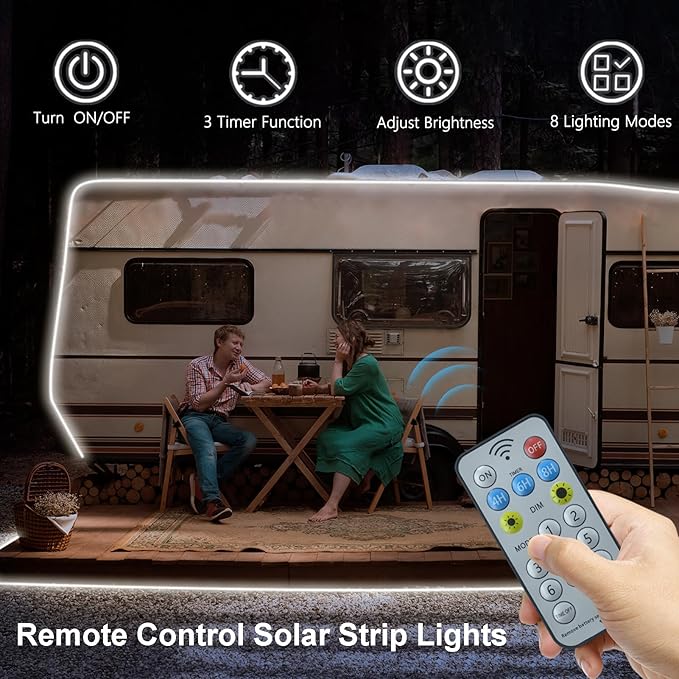 DBFAIRY 50Ft Solar LED Strip Lights Outdoor, Large Capacity Solar Powered Flexible Tape Lights with Remote Dimmable 8 Lighting Modes for Patio Pool Camping Decor, 6000K Cool White DBFAIRY