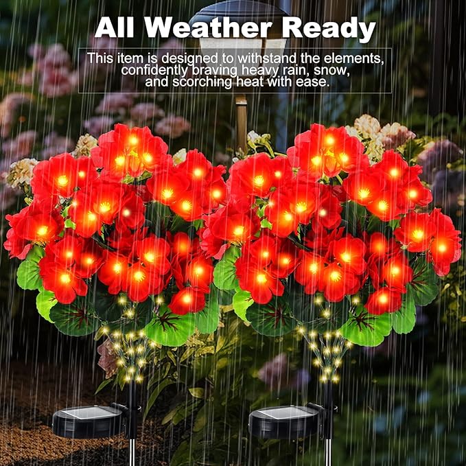 2 Pcs Solar Geraniums Lights Outdoor Waterproof for Garden Spring Decor Light with 10 Solar Geraniums Light for Outside Stake Decorative Auto On/Off for Garden Yard Backyard Patio Huquary