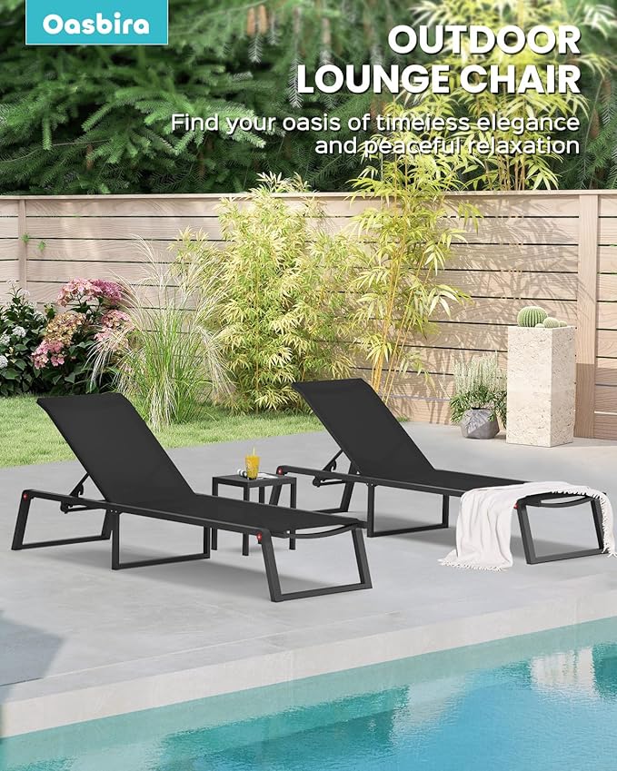 Aluminum Chaise Lounge Chair Outdoor, Foldable & Assembly Free Patio Pool Lounge Chairs 5-Position Recliner for Outside Poolside, Fully Grounded Legs Sun Lounger for Beach, Yard, Black Oasbira