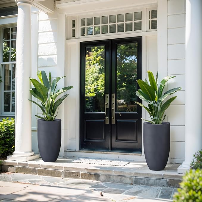 Kante 24 Inch Tall Round Concrete Planter, 2 Pack Large Indoor Outdoor Plant Pots with Drainage Hole and Rubber Plug, Modern Decorative Garden Pots for Home Patio Porch, Charcoal Kante