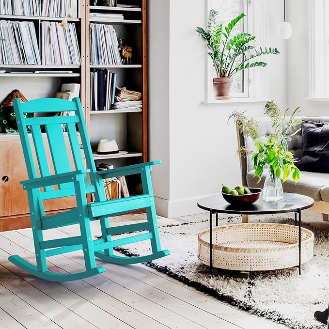 LUE BONA Outdoor Rocking Chairs Set of 4, HDPS Porch Rocker with High Back, Plastic Weather Resistant Rocking Chairs for Outdoor Indoor, Garden, Backyard, 350lb, Aruba Blue LUEBONA