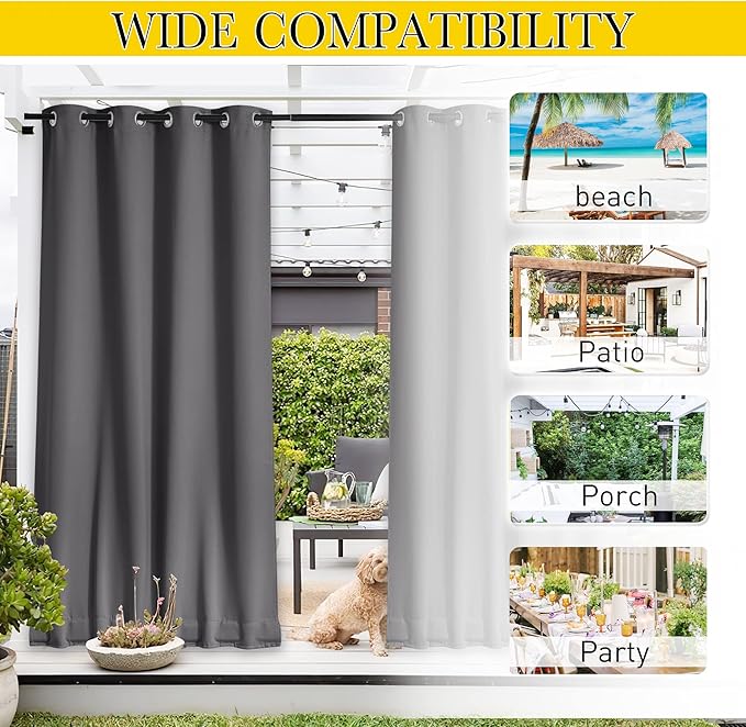 NICETOWN 2 Panels Blackout Weighted Outdoor Curtains for Patio Waterproof, Grommet & Back Tab on Top & Bottom Keep Privacy Light & Sound Block for Porch with Bonus Rope for Fixed, Grey, W52 x L72 NICETOWN