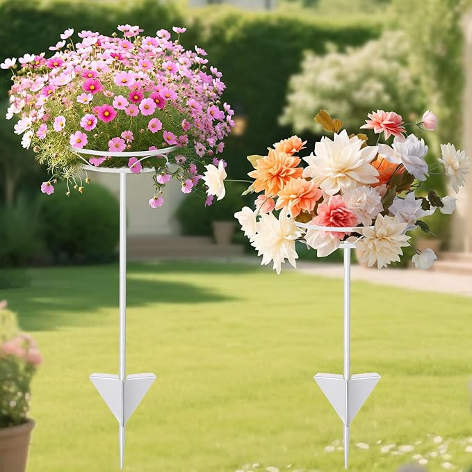 Tellingyou 2 Pack Adjustable Outdoor Flower Pot Stand, Metal Outdoor Plant Stands, Spring Summer Versatile Plant Stand Garden Stake for Display Plants, Elegant Solution for Landscaping Decor (White) Tellingyou