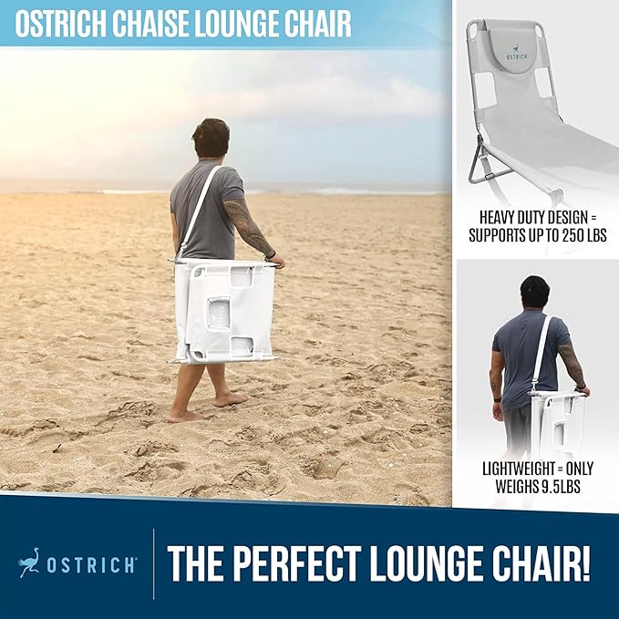 Ostrich 72 by 22 Inch Versatile Chaise Lounge Portable Reclining Lounger, Outdoor Patio, Beach, Lawn, Camping, or Pool Tanning Chair, White OstrichProducts