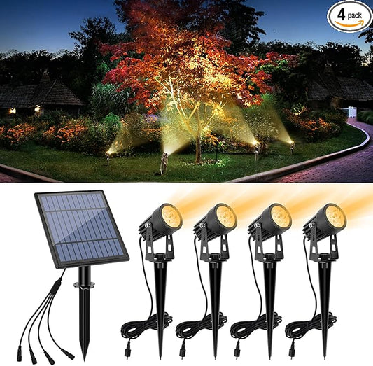 APONUO Metal Solar Spot Lights Outdoor with 9.8ft Cable Solar Powered Landscape Lighting Low Voltage IP65 Waterproof Auto On/Off for Outside Garden Yard Landscape Pathway Garage-Warm White(4-in-1) APONUO