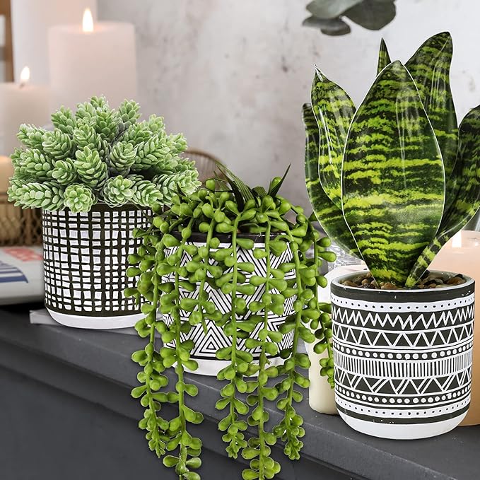 Winlyn 3 Pcs Small Potted Plants Artificial Succulents Hanging Plants and Faux Tropical Snake Plant in Black Geometric Pots for Modern Home Kitchen Windowsill Table Shelf Indoor Outdoor Greenery Decor Winlyn